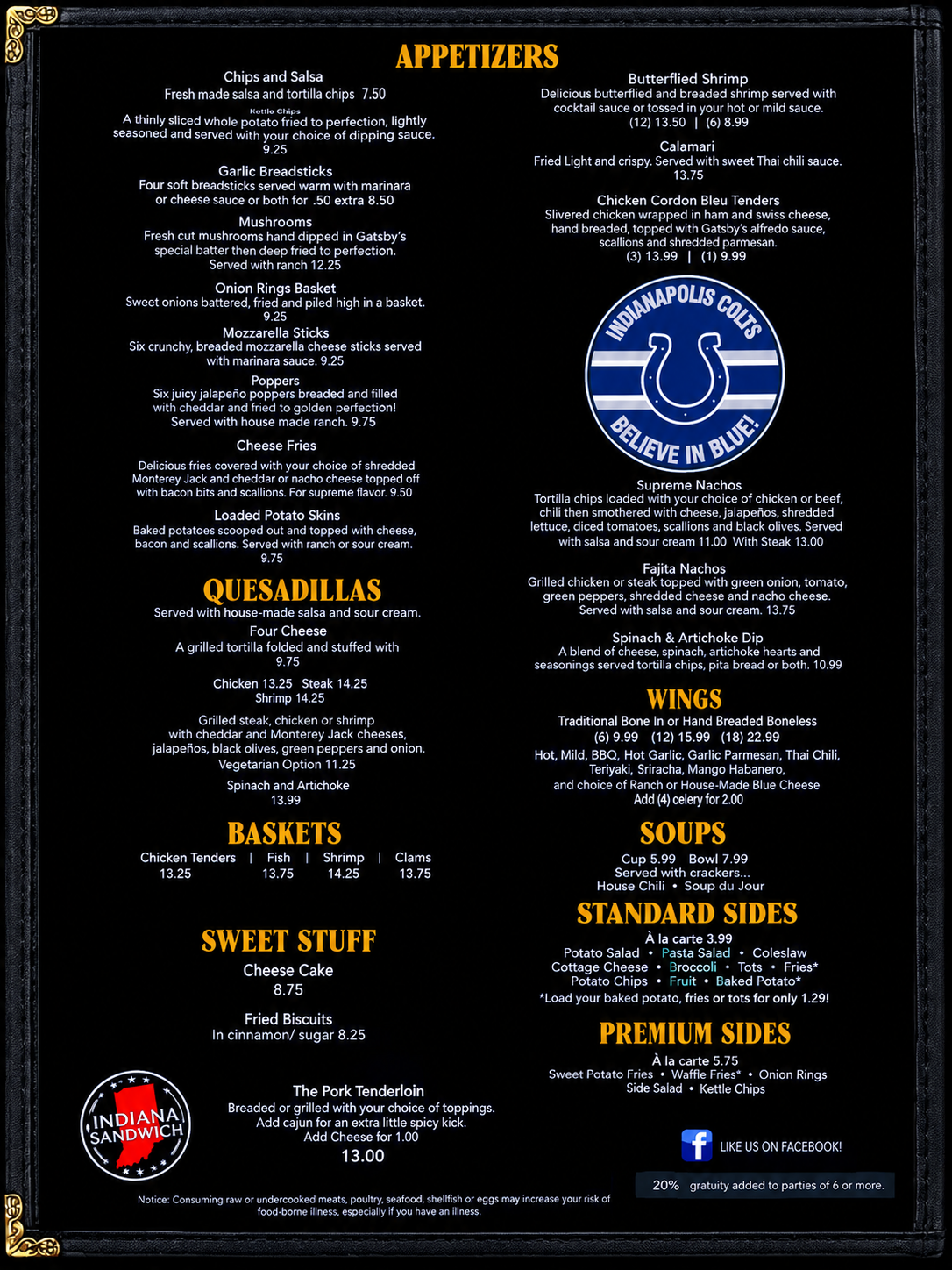 Gatsby's Pub & Grill menu — appetizers, quesadillas, baskets and sides