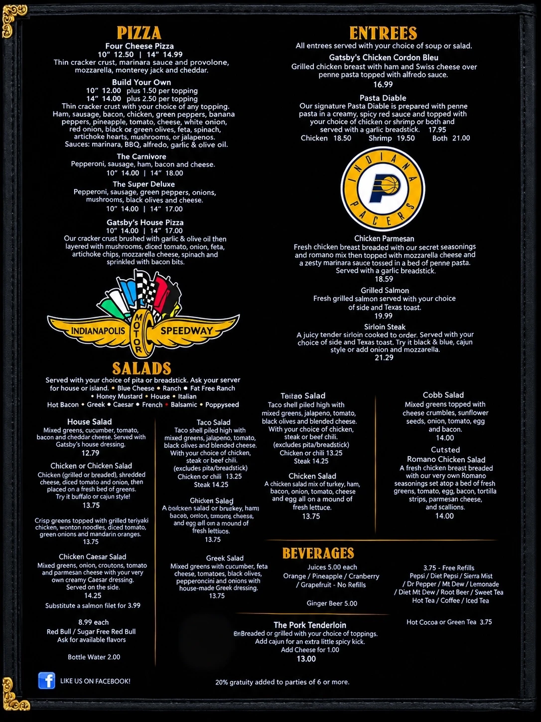 Gatsby's Pub & Grill menu — pizza, entrees, salads and beverages